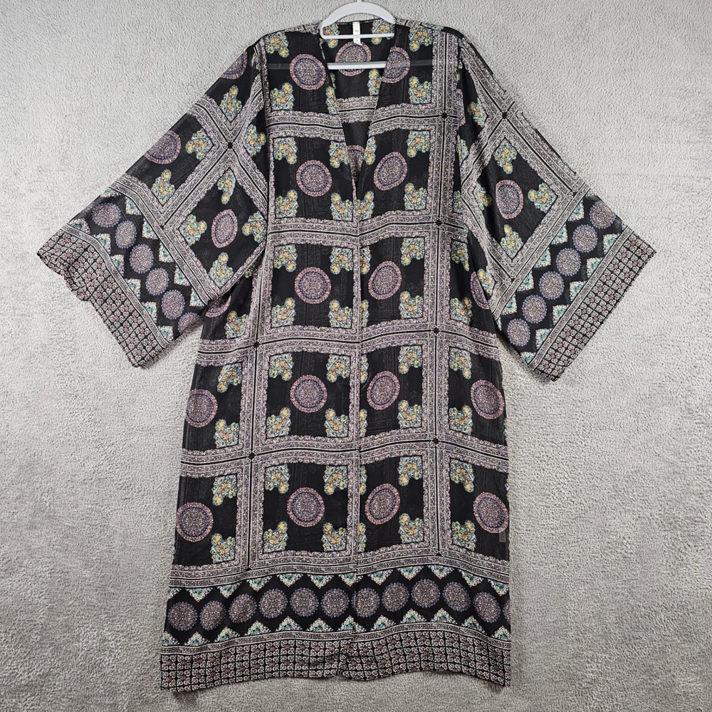 MTS Sheer Patchwork Print Kimono Duster Cardigan Black Multi Large Vintage USA
